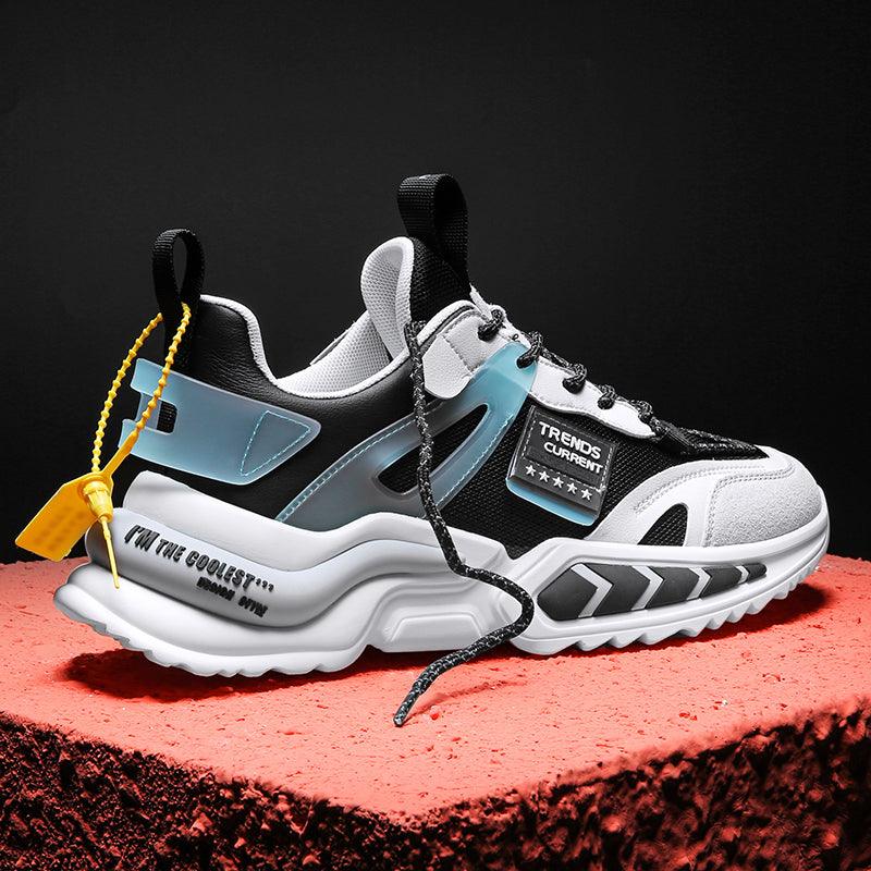 Stevvex running sneakers black and white with blue panel, chunky sole and breathable mesh on Tampa Home & Garden Store