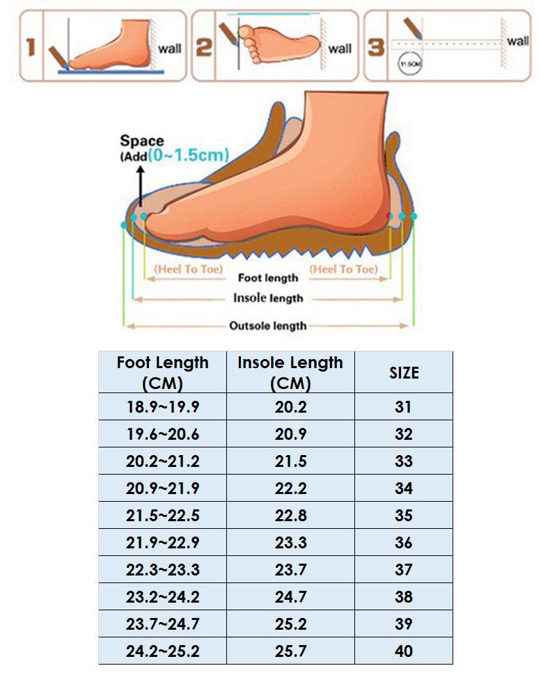 Stevvex black running sneakers size guide with foot-length diagram and size chart on Tampa Home & Garden Store