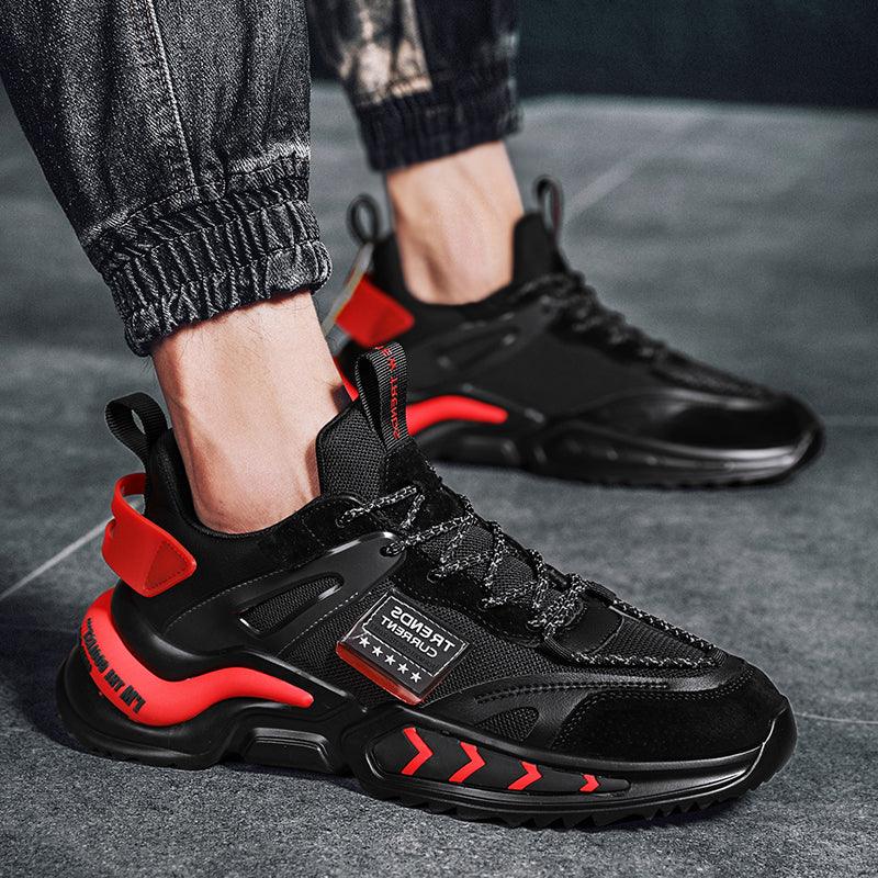 Stevvex black running sneakers with breathable mesh upper and red accents, rugged sole on Tampa Home & Garden Store