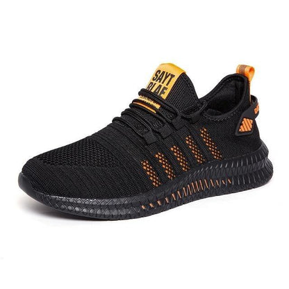 Stevvex men's running sneakers, black knit upper with orange accents and non-slip sole on Tampa Home & Garden Store