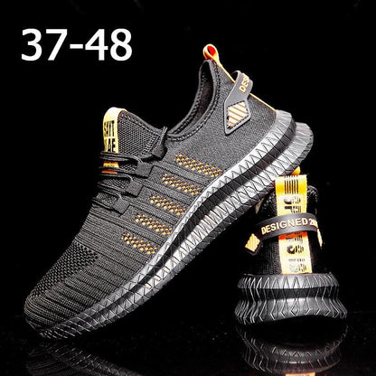 Running sneakers for men by Stevvex, breathable black knit upper with orange accents on Tampa Home & Garden Store