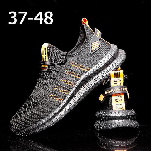 Running sneakers for men by Stevvex, breathable black knit upper with orange accents on Tampa Home & Garden Store