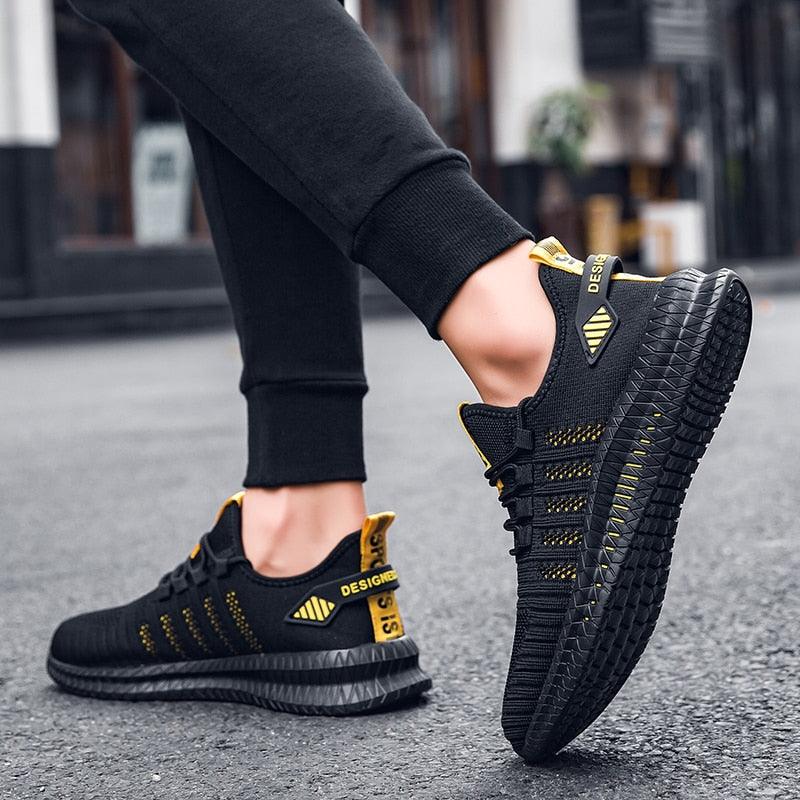 Running Breathable Mens Sport Sneakers pair Stevvex black yellow accents non slip sole on Tampa Home & Garden Store