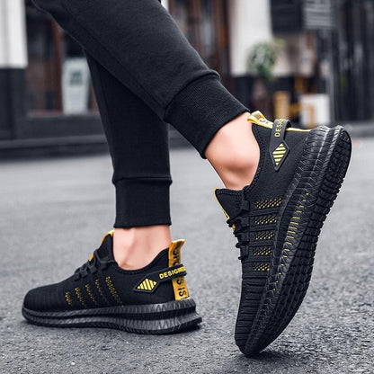 Running Breathable Mens Sport Sneakers pair Stevvex black yellow accents non slip sole on Tampa Home & Garden Store
