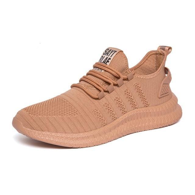 Stevvex men's running sneakers in tan with knit upper and chunky sole on Tampa Home & Garden Store