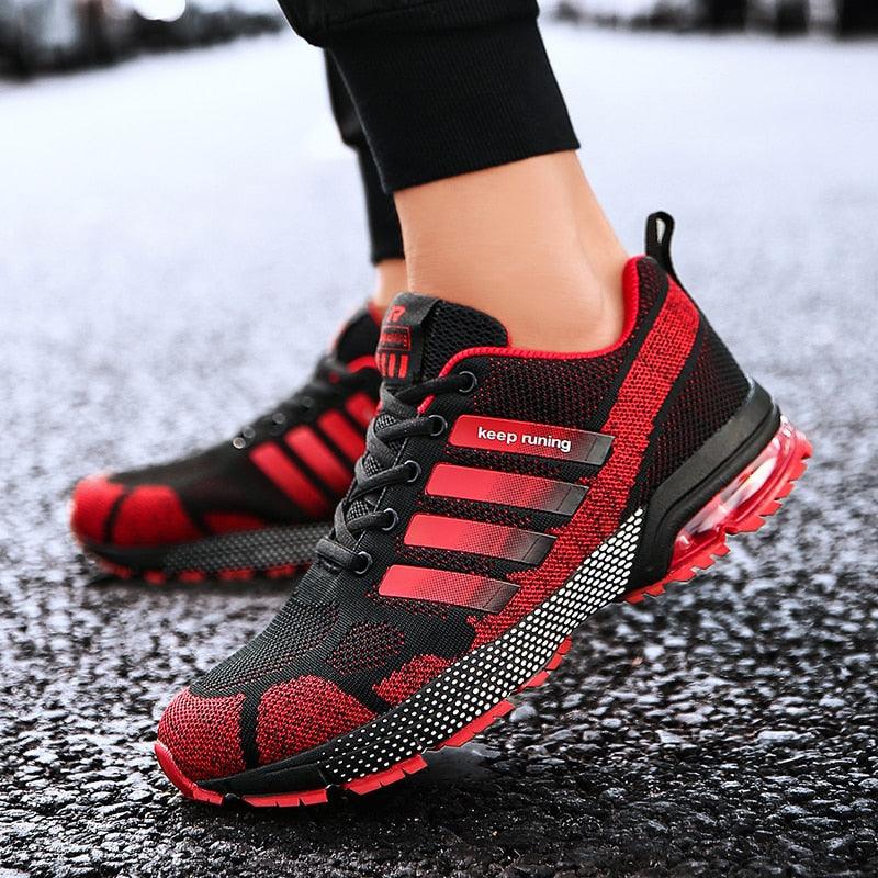 Stevvex running men sport elegant lace-up sneakers red-black mesh with air sole pair on Tampa Home & Garden Store