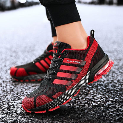 Stevvex running men sport elegant lace-up sneakers red-black mesh with air sole pair on Tampa Home & Garden Store