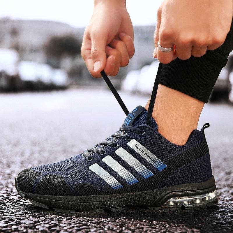 Stevvex navy blue running sneakers with mesh upper, lace-up low-top, air-cushion heel on Tampa Home & Garden Store