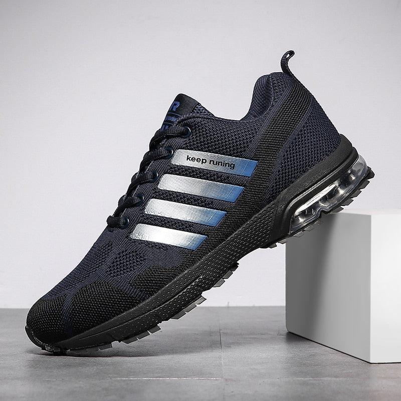 Stevvex men's running sneakers with breathable knit and blue accents air cushion sole on Tampa Home & Garden Store
