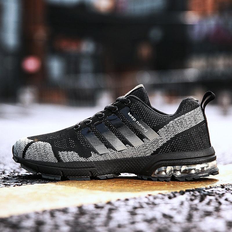 Stevvex men's running sneakers black gray knit upper with air cushion heel sole on Tampa Home & Garden Store