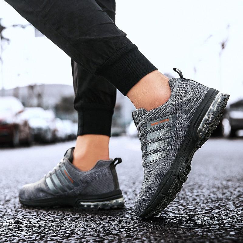Stevvex Running Mens Sneakers gray knit upper air cushion sole lace-up on Tampa Home & Garden Store
