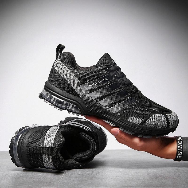Stevvex men's running sneakers black gray knit upper air-cushion sole lace-up low-top athletic shoes on Tampa Home & Garden Store