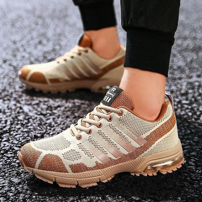 Running athletic shoes Stevvex pair beige mesh with brown suede accents air cushion sole on Tampa Home & Garden Store