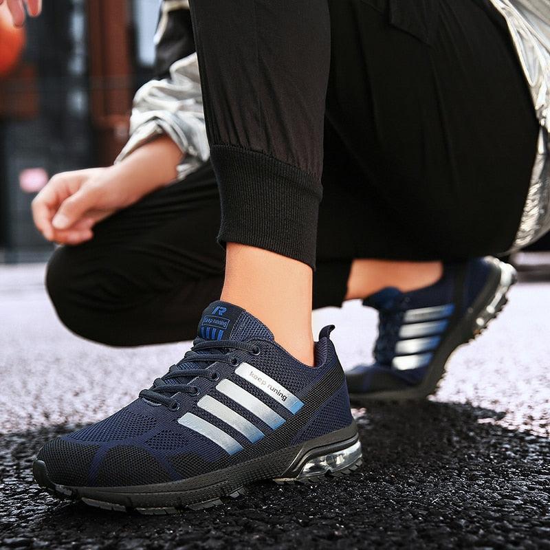 Stevvex running sneakers navy blue mesh upper with stripes lace-up low-top athletic shoes on Tampa Home & Garden Store