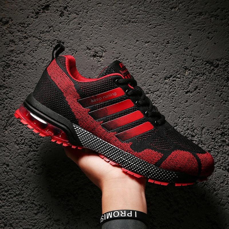 Stevvex running sneakers black red breathable mesh lace-up low-top with air cushion sole on Tampa Home & Garden Store