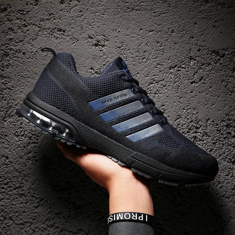 Stevvex running men's sneakers with air cushion, black breathable knit upper, blue stripes on Tampa Home & Garden Store