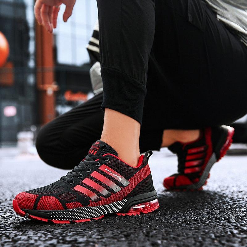 Stevvex running sneakers black-red mesh with air cushion sole lace-up low-top athletic shoes on Tampa Home & Garden Store
