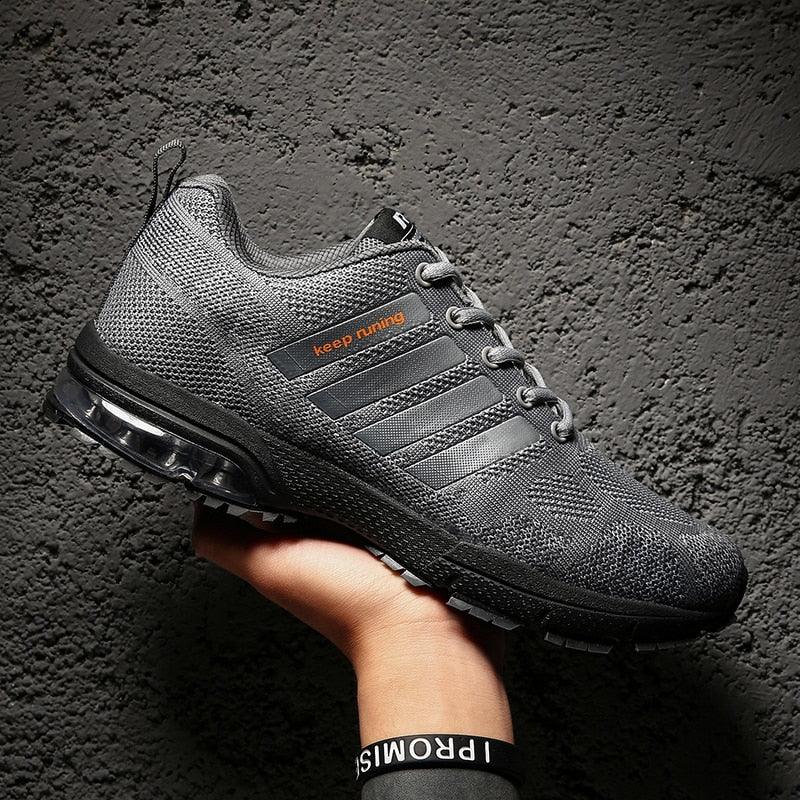 Stevvex mens athletic running shoes gray black knit upper lace-up low-top air cushion sole on Tampa Home & Garden Store