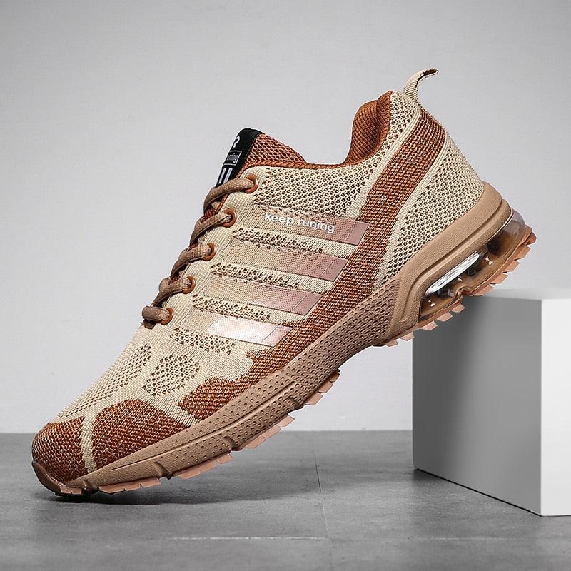Stevvex men's beige mesh knit running sneakers with lace-up, air cushion sole, low top on Tampa Home & Garden Store