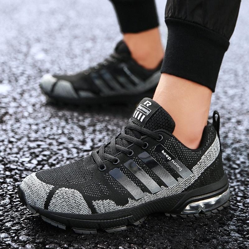 Stevvex men's running sneakers black and gray knit upper with air cushion sole on Tampa Home & Garden Store