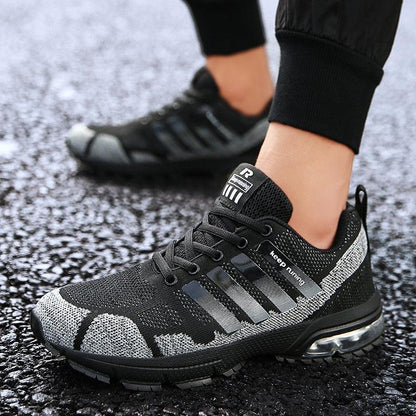 Stevvex men's running sneakers black and gray knit upper with air cushion sole on Tampa Home & Garden Store