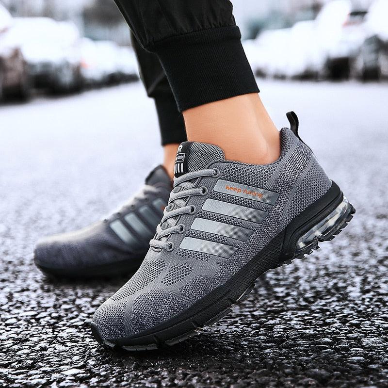 Running athletic sneakers Stevvex gray knit upper, lace-up low-top with air-cushion sole on Tampa Home & Garden Store