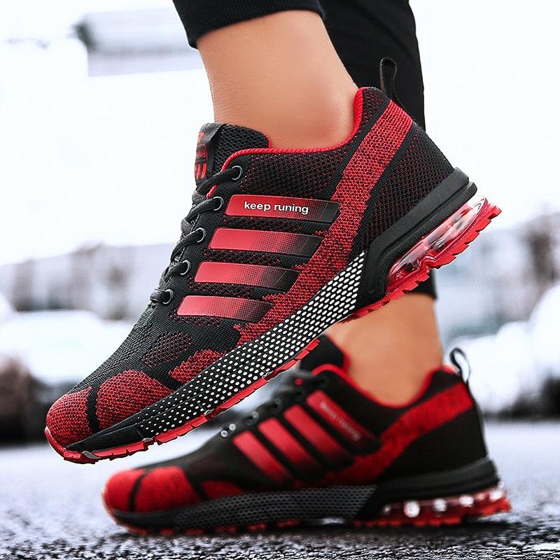 Stevvex men's running sneakers black red mesh upper, lace-up, air-cushion sole on Tampa Home & Garden Store