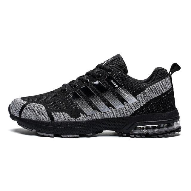 Stevvex athletic running sneakers black gray knit mesh with air cushion sole lace-up low-top on Tampa Home & Garden Store