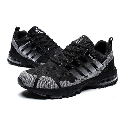 Stevvex black gray knit running sneakers pair with air cushion sole, lace-up low-top on Tampa Home & Garden Store