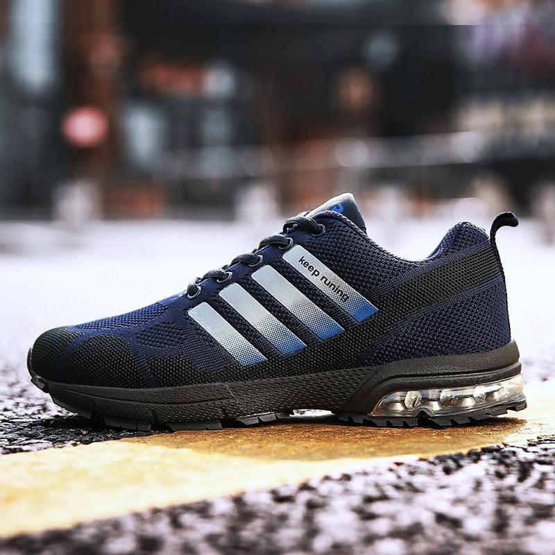 Stevvex running sport sneakers navy mesh lace-up, air cushion sole with stripes on side on Tampa Home & Garden Store