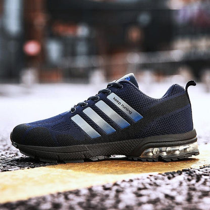 Stevvex running sport sneakers navy mesh lace-up, air cushion sole with stripes on side on Tampa Home & Garden Store