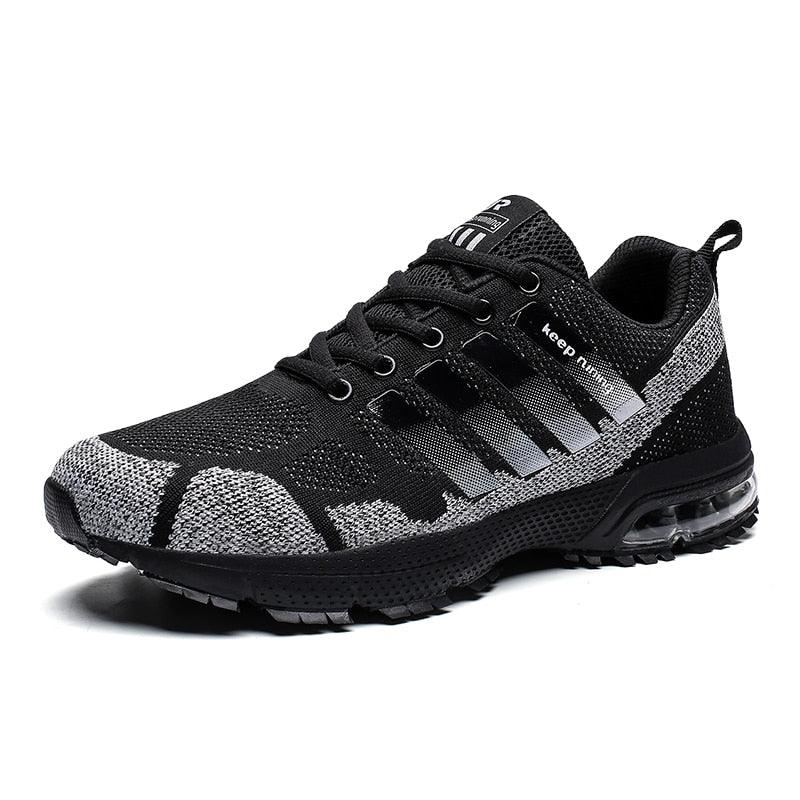 Stevvex running men's athletic sneakers black gray knit upper lace-up low-top with air cushion sole on Tampa Home & Garden Store