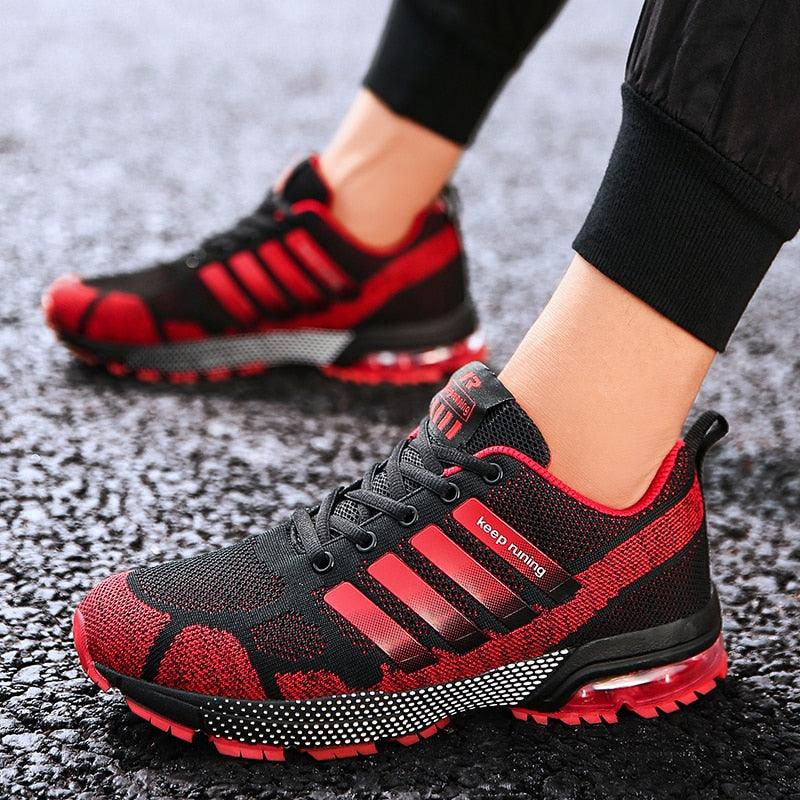Stevvex running sneakers red black mesh lace-up low-top air cushion breathable on Tampa Home & Garden Store