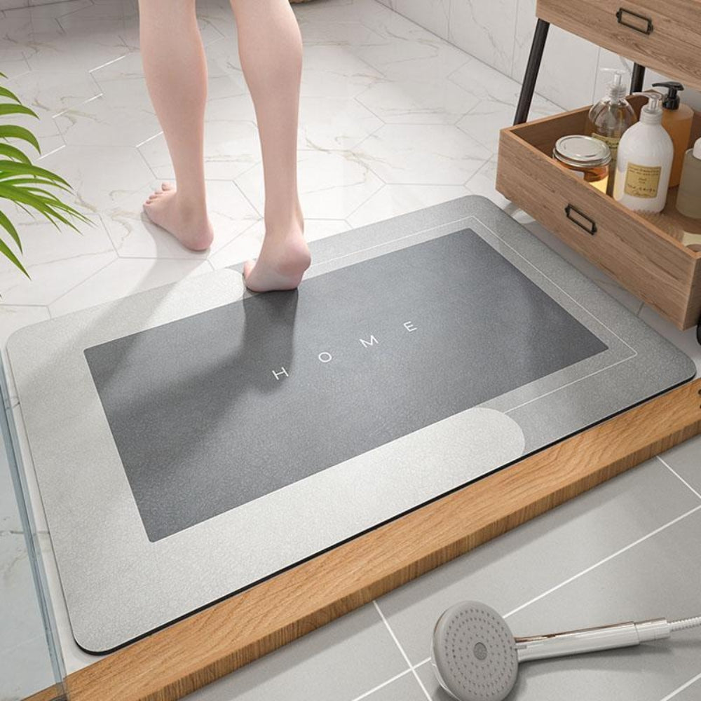 Non-Slip Quick Dry Bath Mat Moktan Sabai gray mat with dark central panel near shower edge on Tampa Home & Garden Store