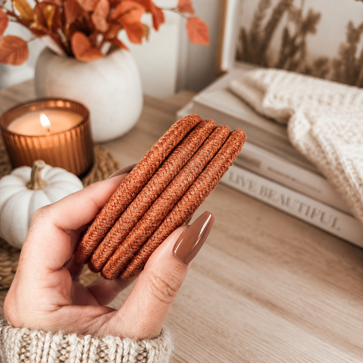 Fall Fabric Coasters Gia Roma, braided orange-brown set of 3 on Tampa Home & Garden Store