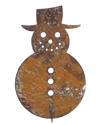 Large Outdoor Snowman rusted metal ornament by Rustica Ornamentals with top hat and button body on Tampa Home & Garden Store