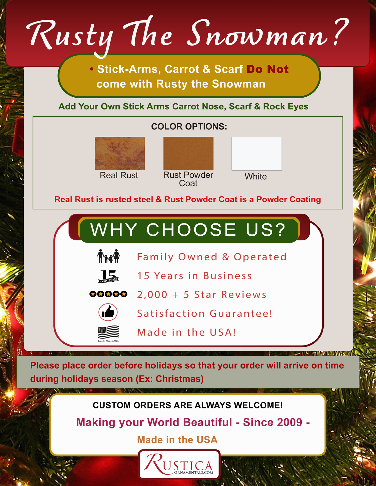 Large snowman by Rustica Ornamentals with color options Real Rust, Rust Powder Coat, White on Tampa Home & Garden Store