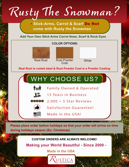 Large snowman by Rustica Ornamentals with color options Real Rust, Rust Powder Coat, White on Tampa Home & Garden Store