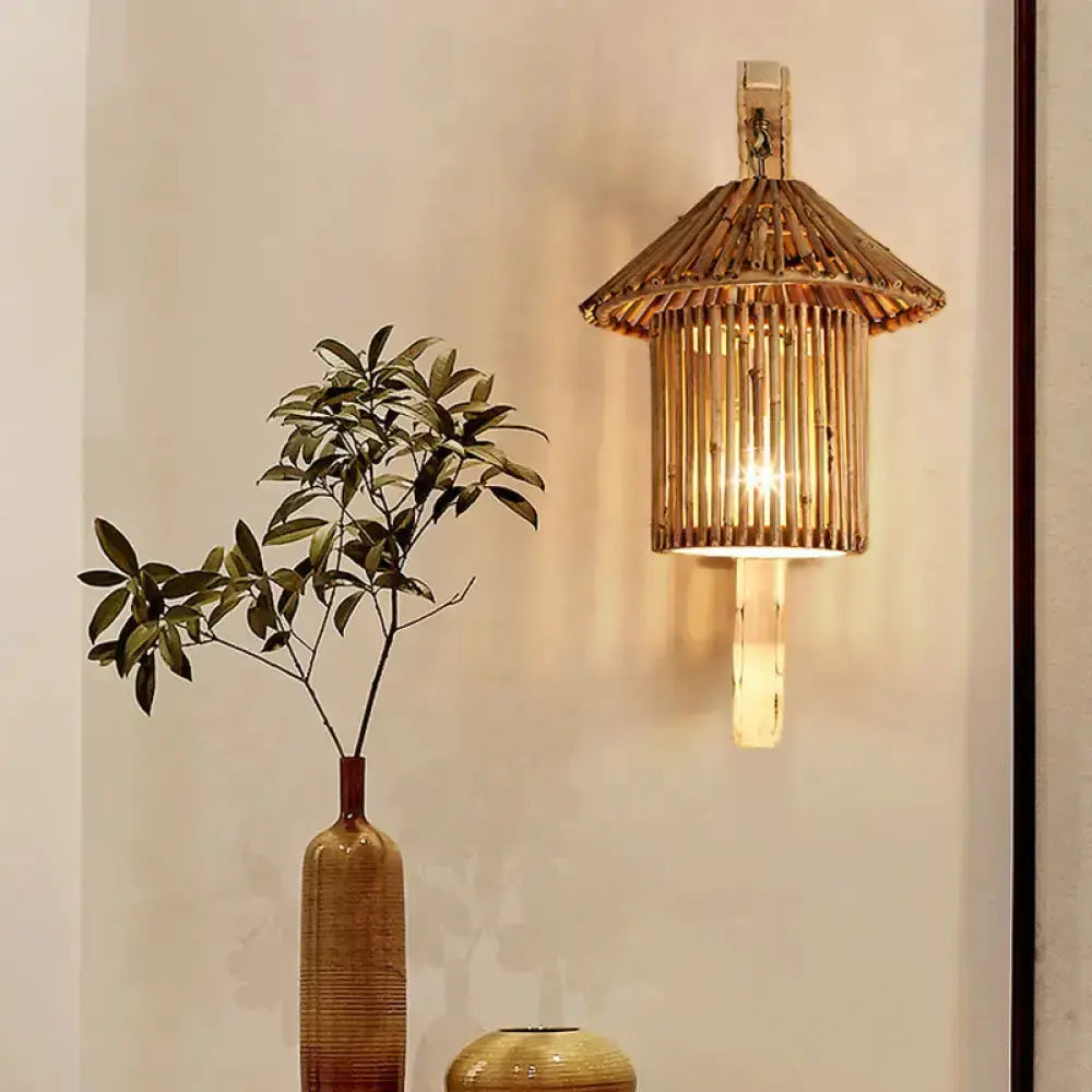 Rustic Bamboo Cylinder House Sconce Light Fixture