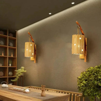 Rustic Bamboo Cylinder House Sconce Light Fixture