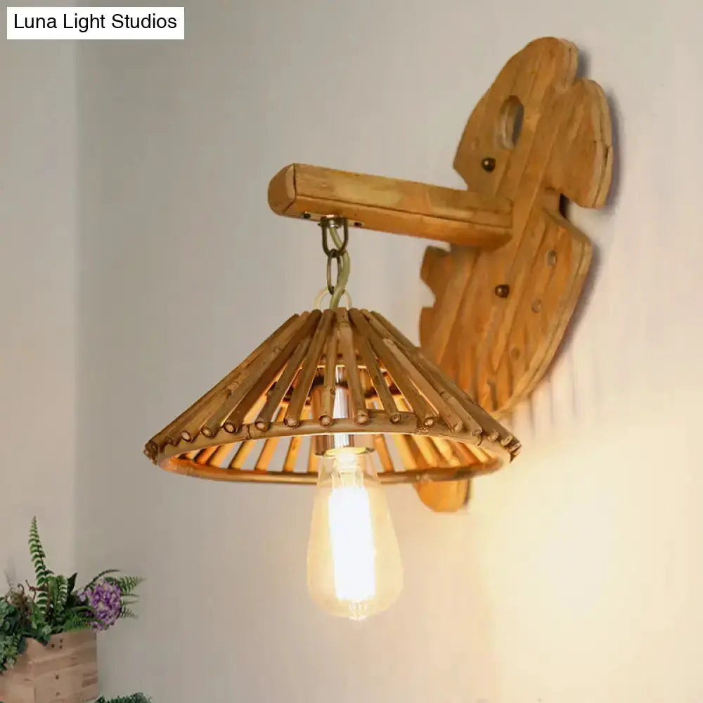 Rustic Bamboo Wall Sconce with Wood Backplate