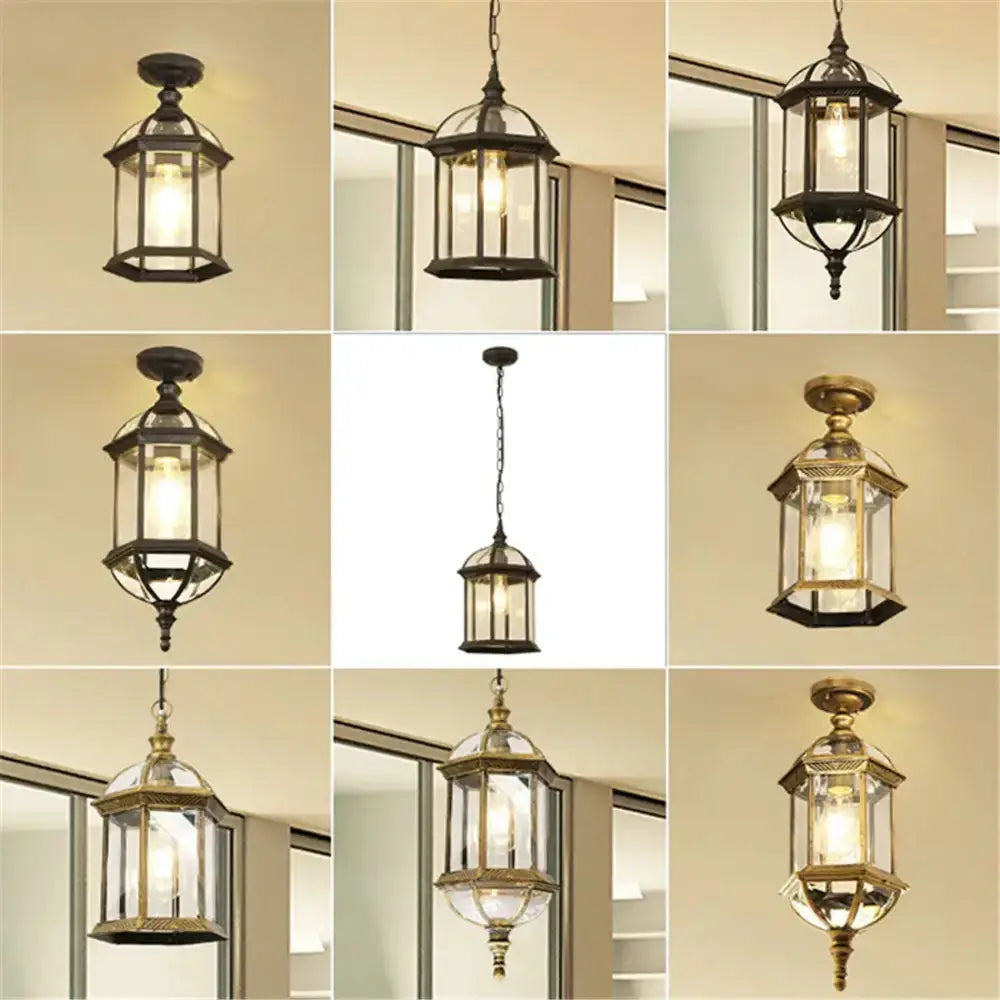 Rustic black and brass outdoor hanging lantern collage of 9 Decorbites patio fixtures on Tampa Home & Garden Store
