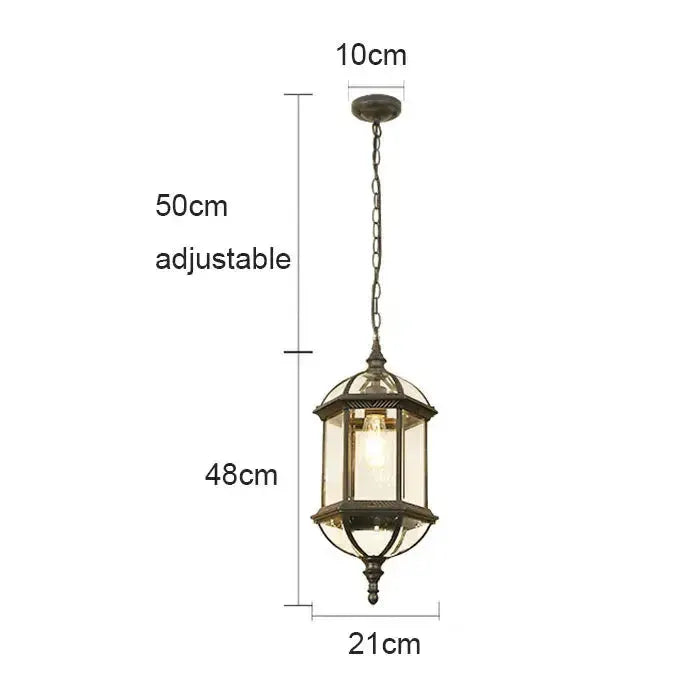 Rustic black & brass outdoor hanging lantern light with glass panels, adjustable chain patio fixture on Tampa Home & Garden Store