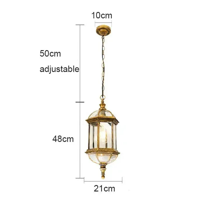 Rustic black and brass outdoor hanging lantern light with glass panels, Decorbites patio fixture, adjustable 50 cm chain on Tampa Home & Garden Store