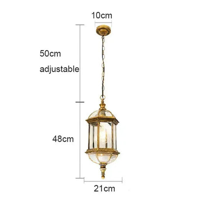Rustic black and brass outdoor hanging lantern light with glass panels, Decorbites patio fixture, adjustable 50 cm chain on Tampa Home & Garden Store