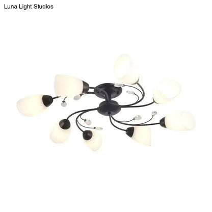 Black opal glass flush light with nine arms, white teardrop shades, crystal accents Decorbites on Tampa Home & Garden Store