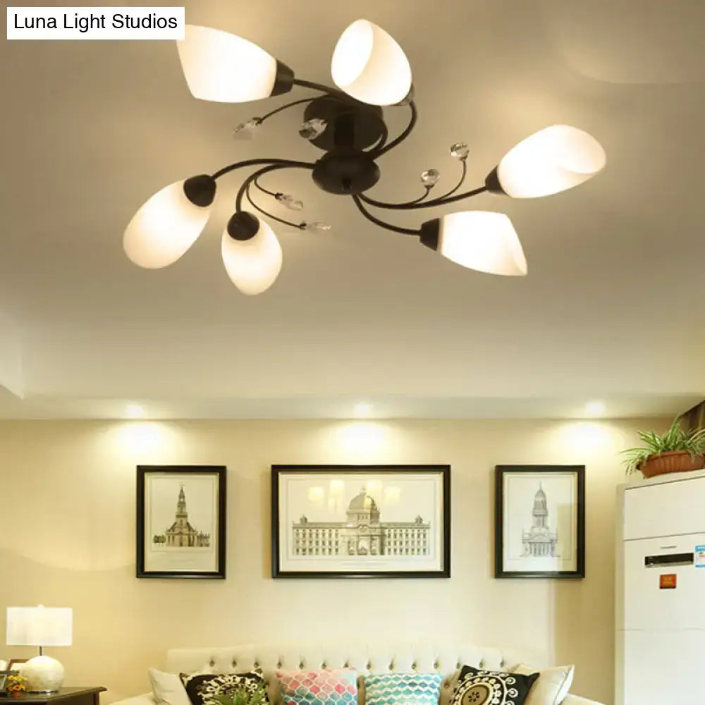 Black Opal Glass Flush Light with curved black metal arms and white opal shades Decorbites on Tampa Home & Garden Store