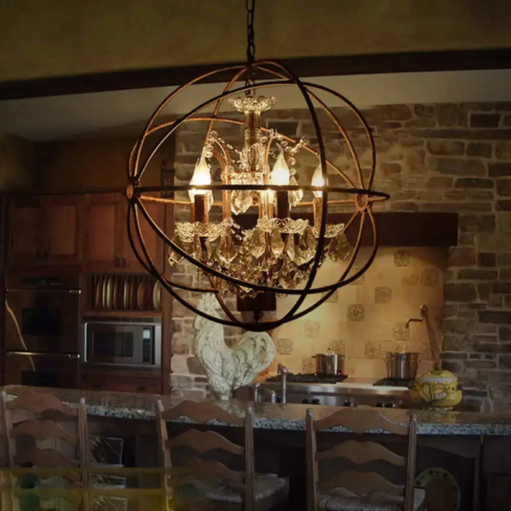 Rustic black wrought-iron crystal chandelier with orb frame Decorbites dining pendant on Tampa Home & Garden Store