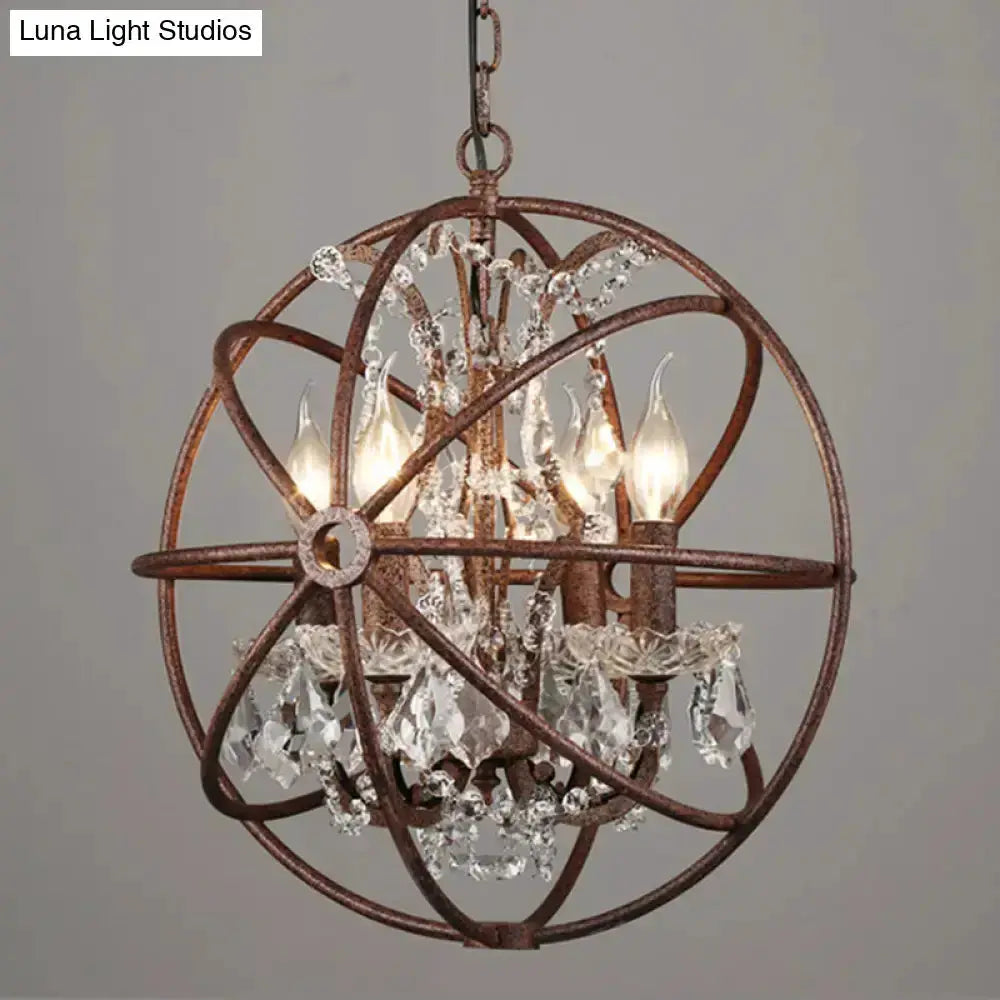 Rustic black wrought iron crystal deco chandelier orb with 4 candle bulbs and crystals on Tampa Home & Garden Store
