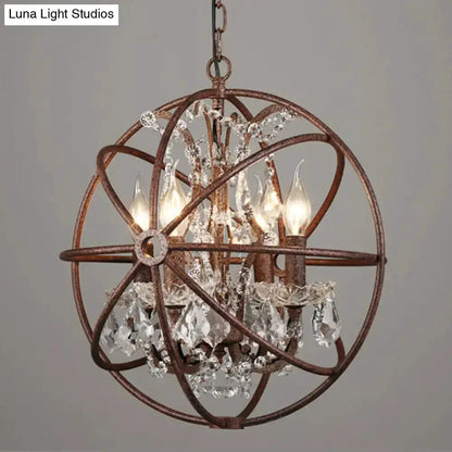 Rustic black wrought iron crystal deco chandelier orb with 4 candle bulbs and crystals on Tampa Home & Garden Store